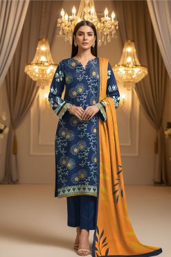 Zohra Motifz khaddar 3-piece unstitched winter suit with printed shirt, dyed trouser, and matching printed dupatta.