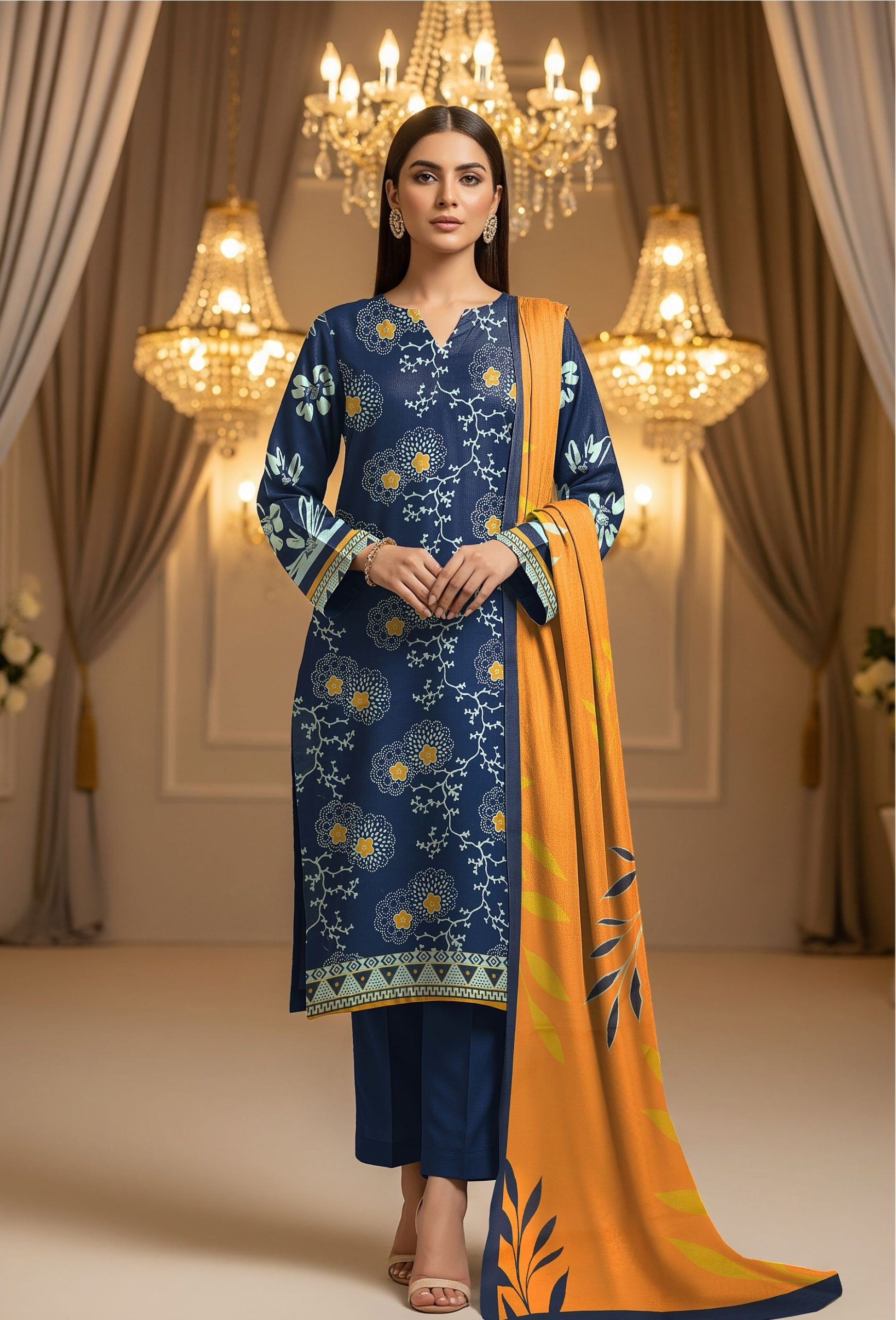 Zohra Motifz khaddar 3-piece unstitched winter suit with printed shirt, dyed trouser, and matching printed dupatta.