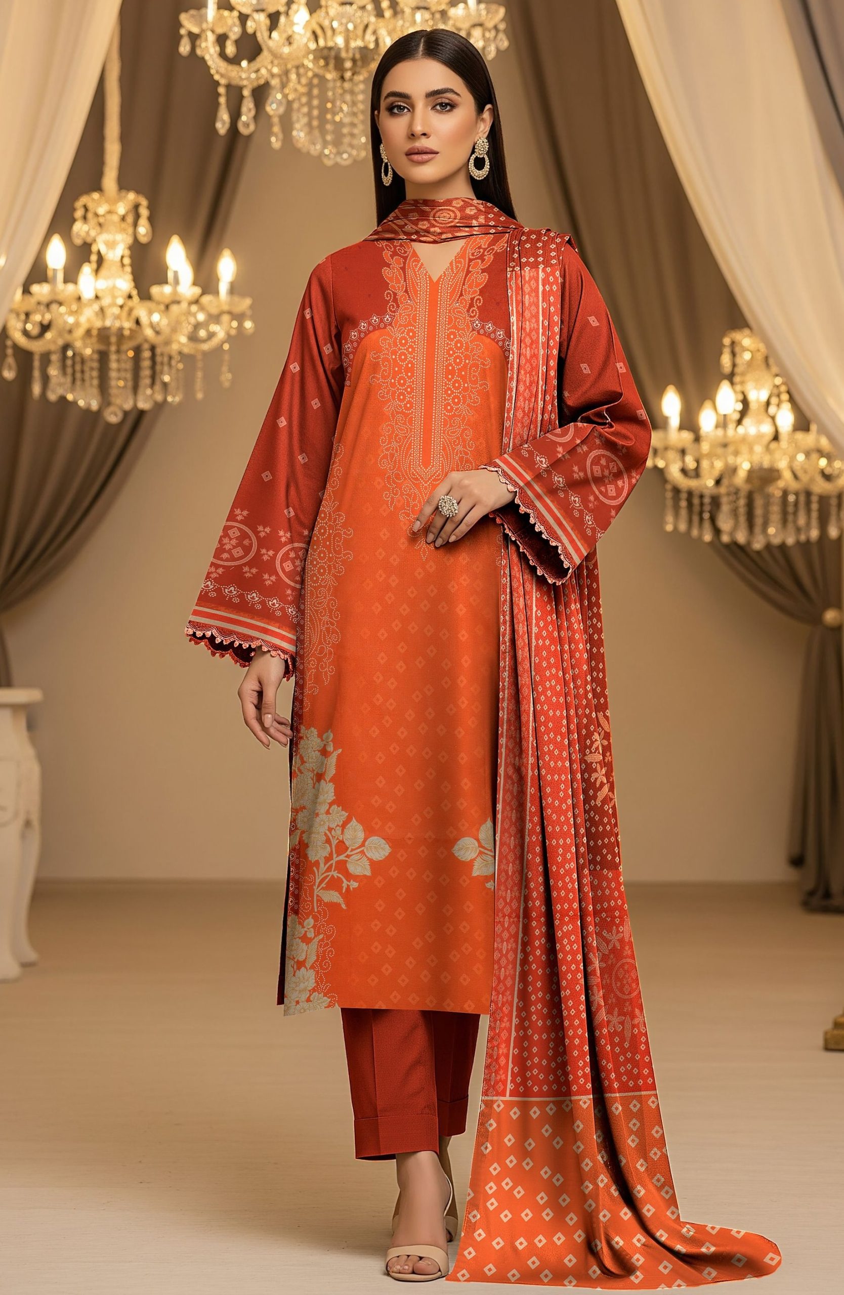 Zohra Motifz khaddar 3-piece unstitched winter suit with printed shirt, dyed trouser, and matching printed dupatta.
