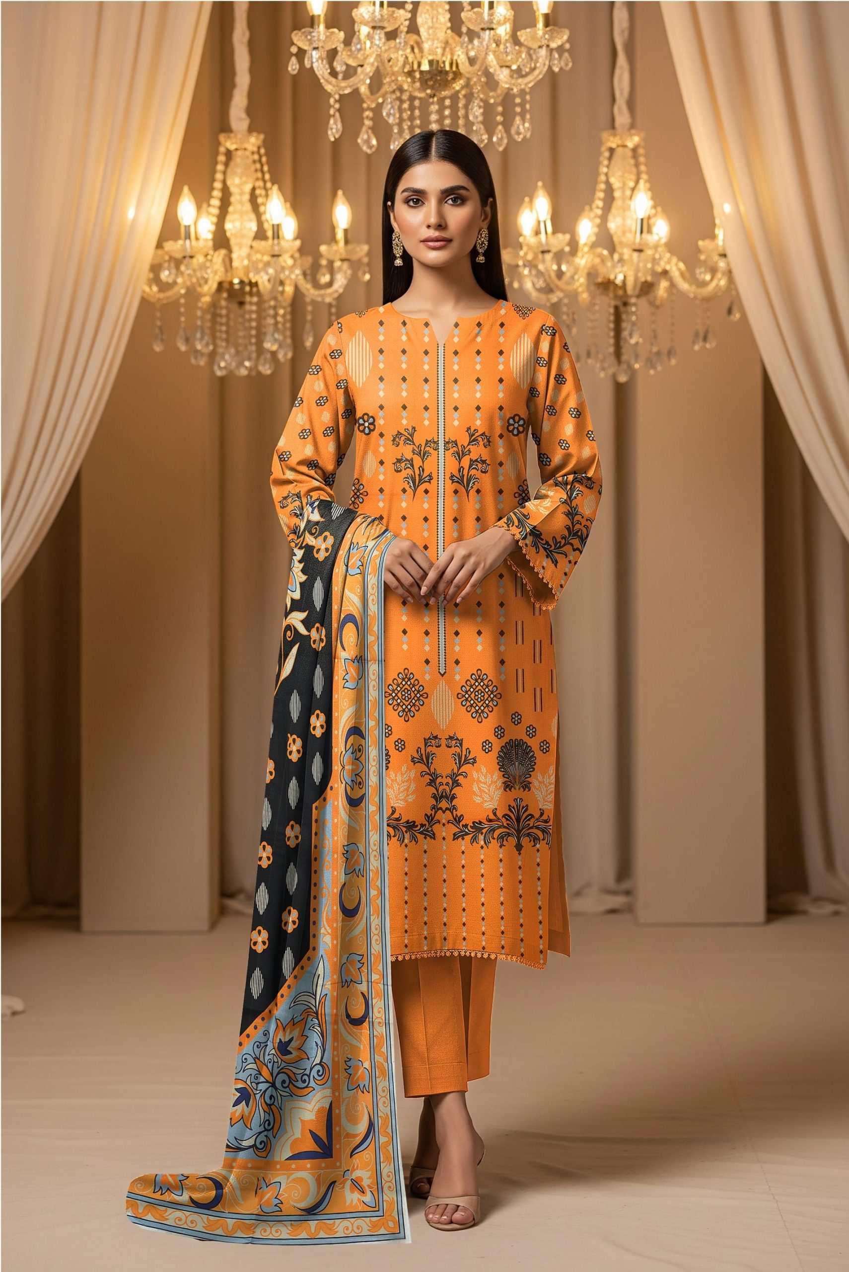 Zohra Motifz khaddar 3-piece unstitched winter suit with printed shirt, dyed trouser, and matching printed dupatta.