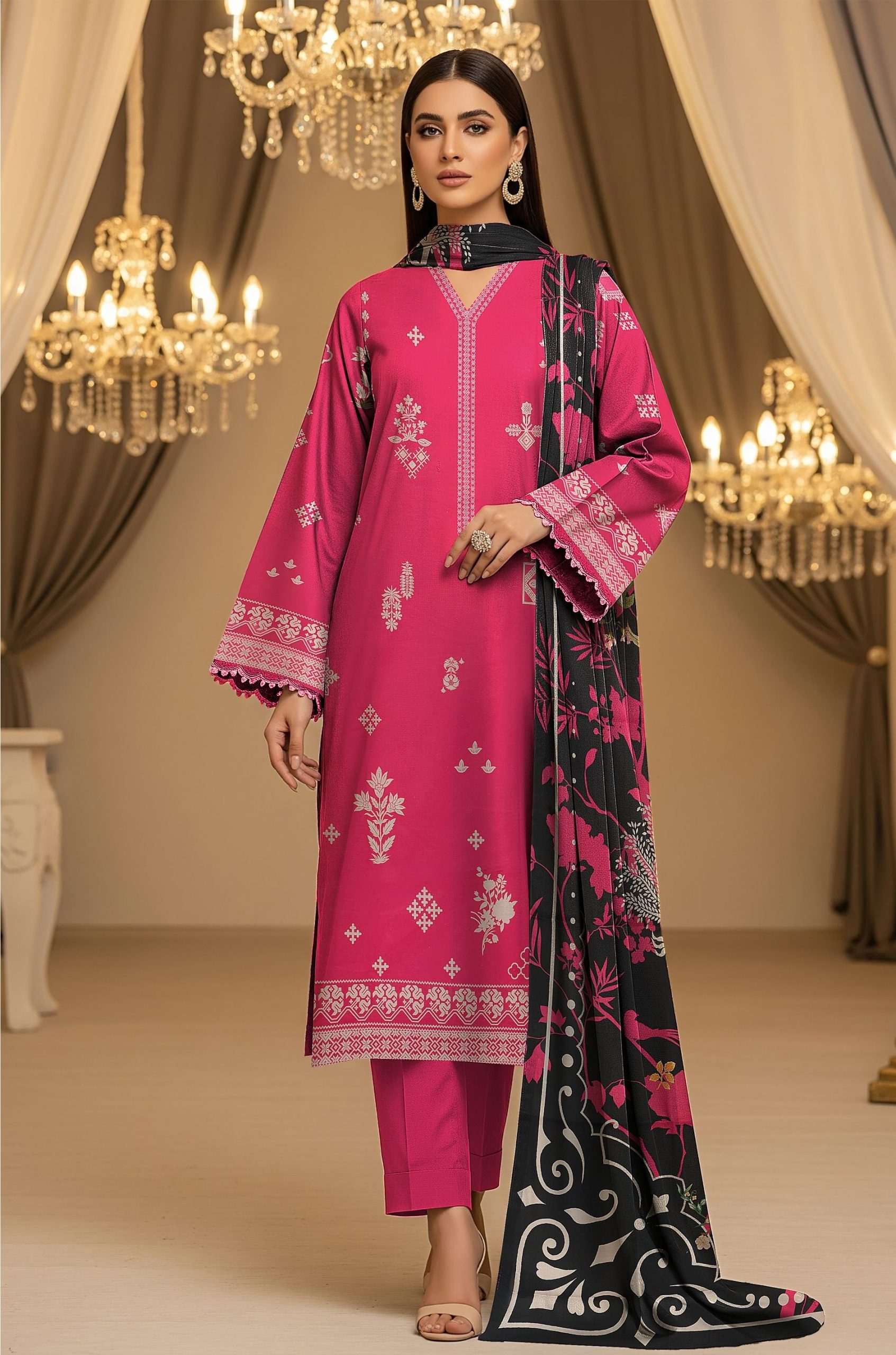 Zohra Motifz khaddar 3-piece unstitched winter suit with printed shirt, dyed trouser, and matching printed dupatta.