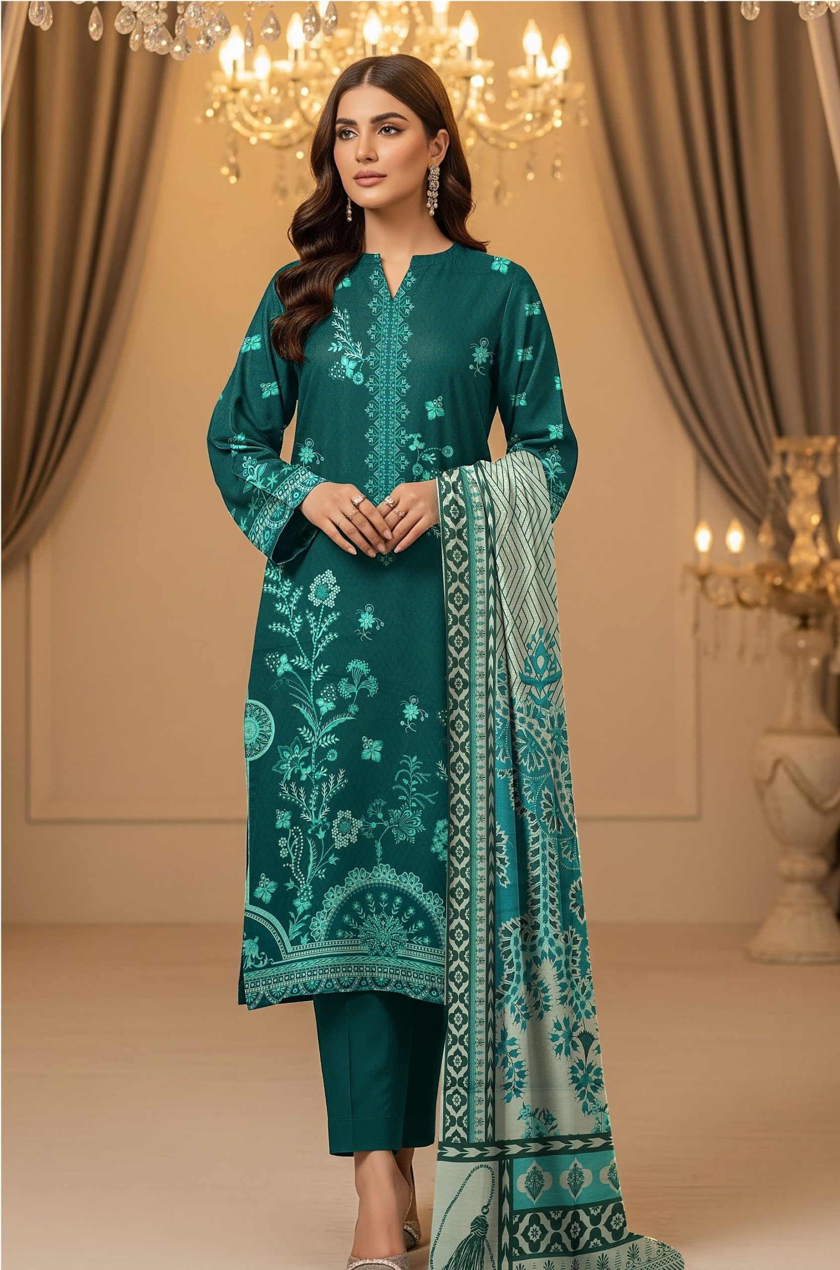 Zohra Motifz khaddar 3-piece unstitched winter suit with printed shirt, dyed trouser, and matching printed dupatta.