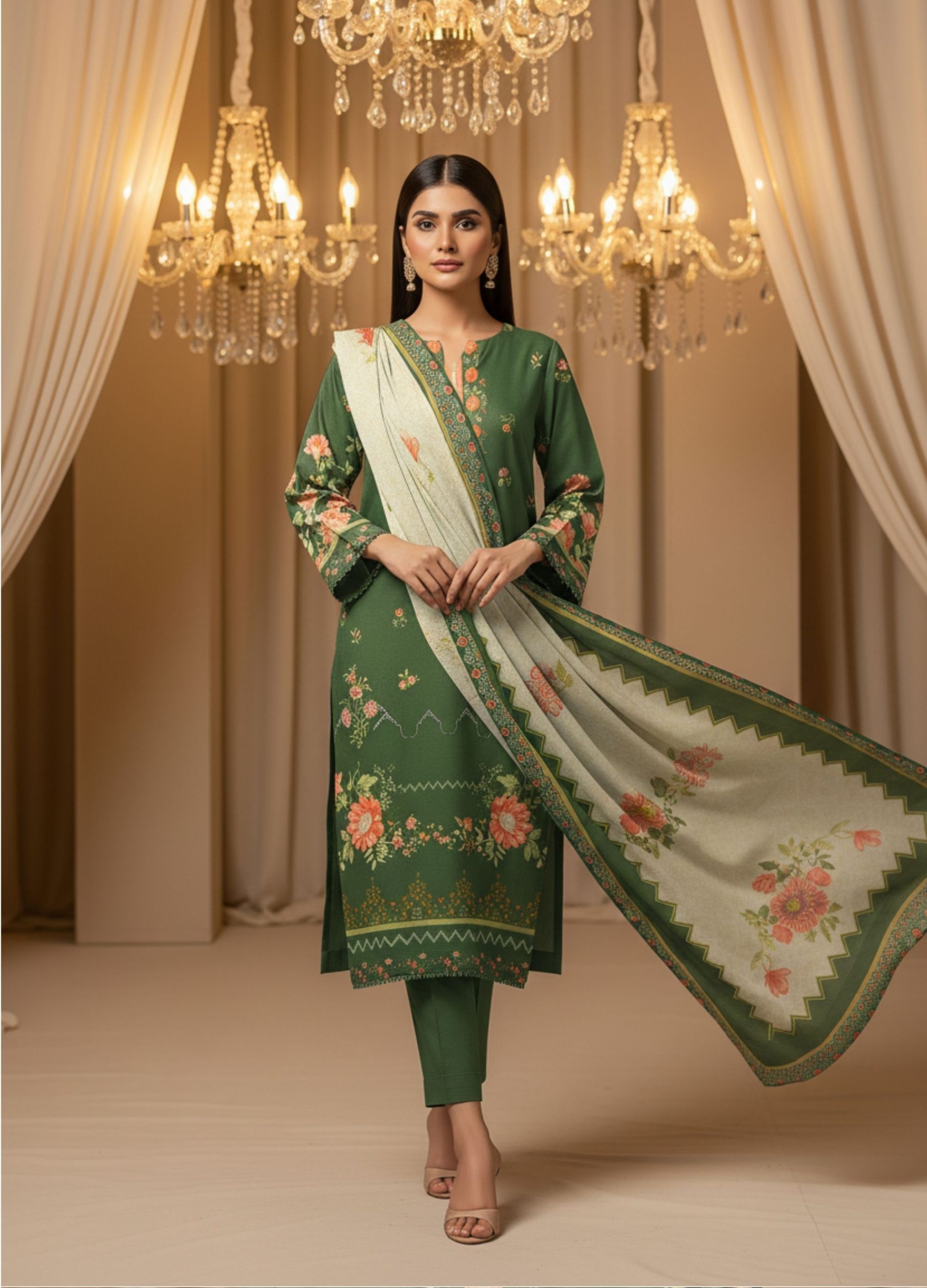 Zohra Motifz khaddar 3-piece unstitched winter suit with printed shirt, dyed trouser, and matching printed dupatta.