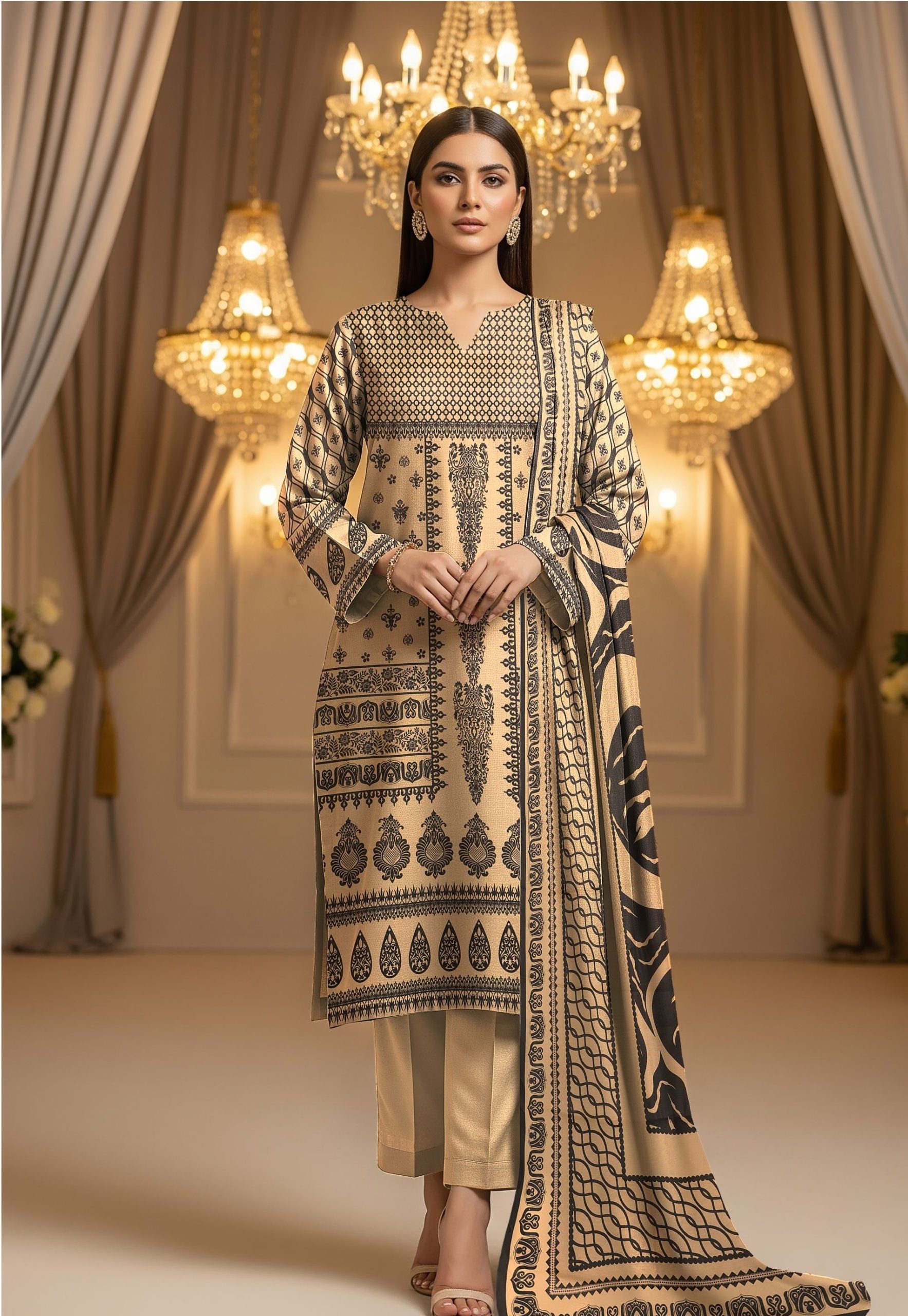 Zohra Motifz khaddar 3-piece unstitched winter suit with printed shirt, dyed trouser, and matching printed dupatta.
