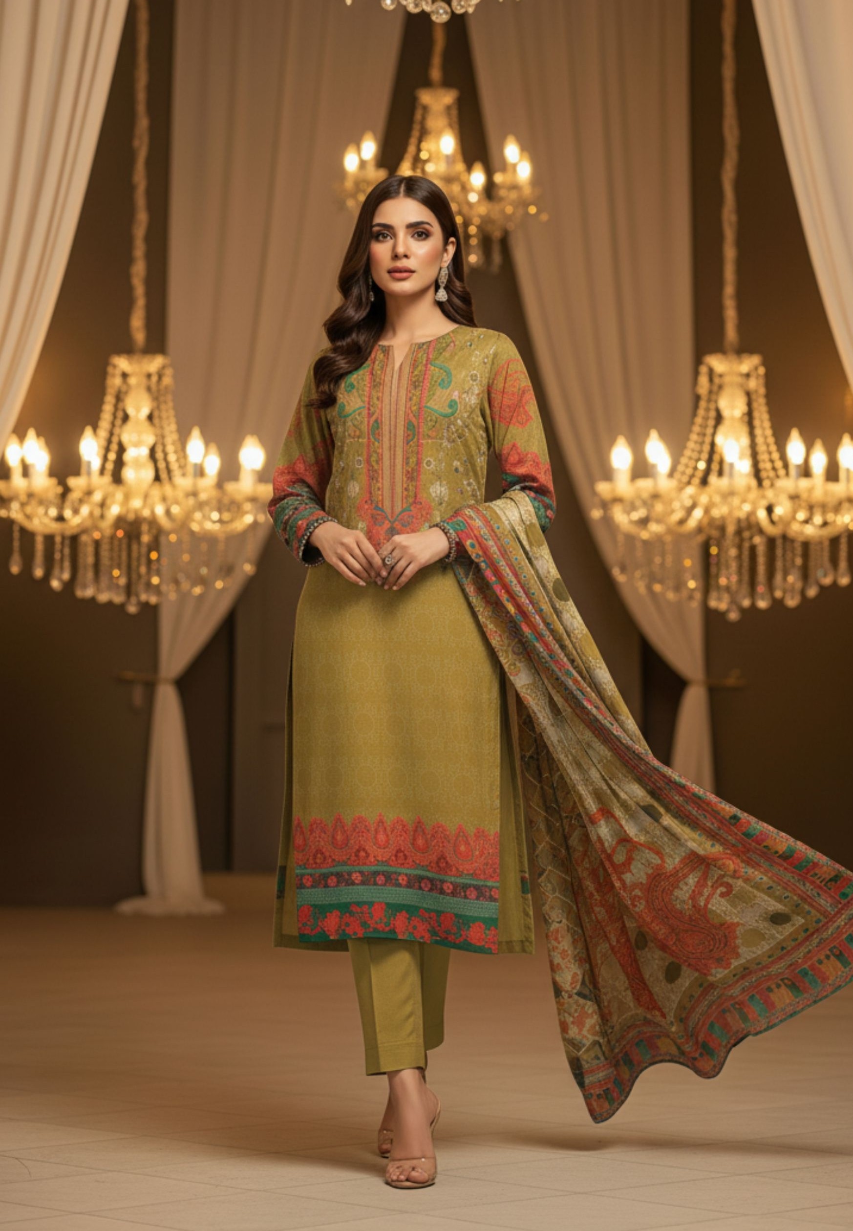 Zohra Motifz khaddar 3-piece unstitched winter suit with printed shirt, dyed trouser, and matching printed dupatta.
