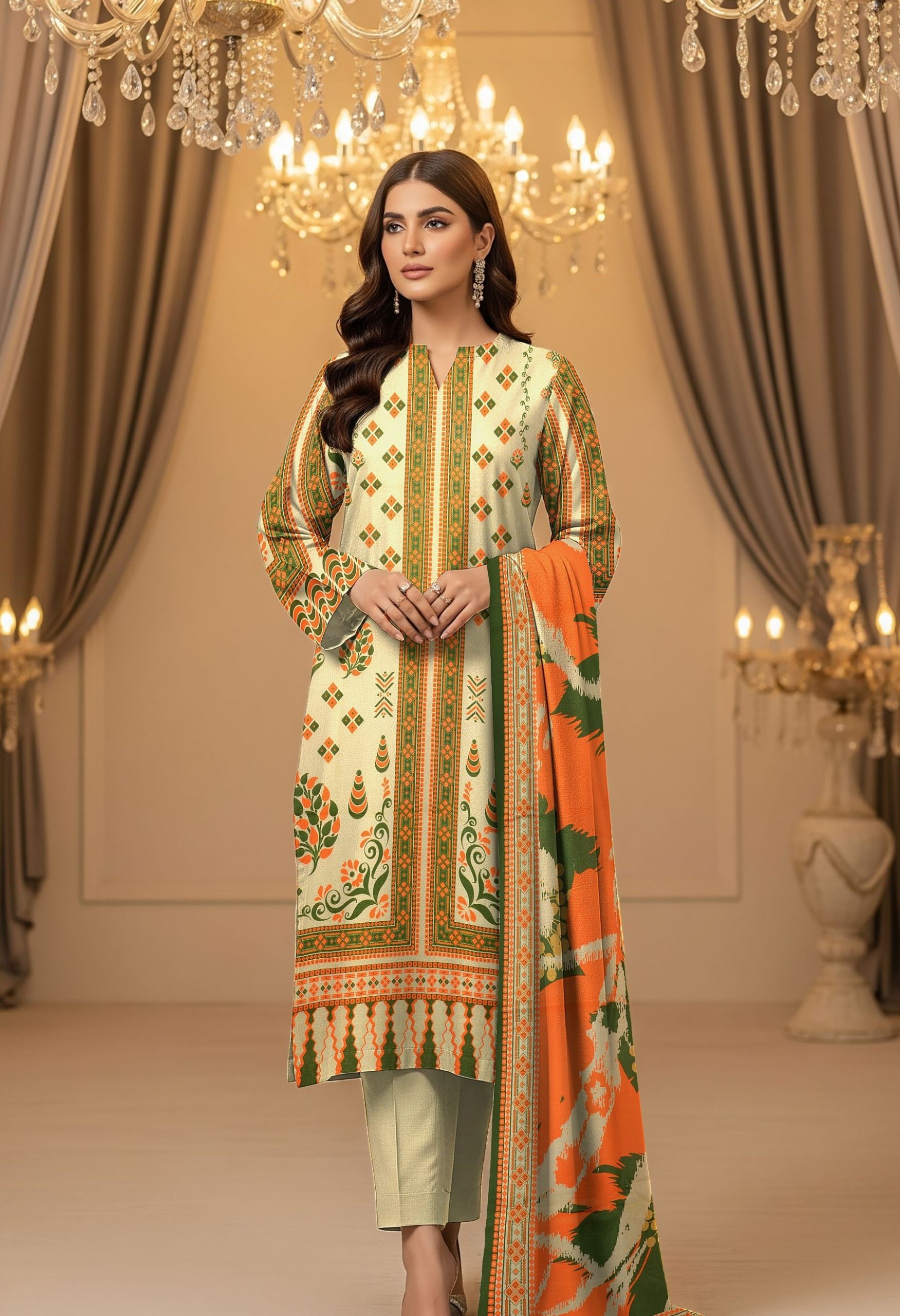 Zohra Motifz khaddar 3-piece unstitched winter suit with printed shirt, dyed trouser, and matching printed dupatta.