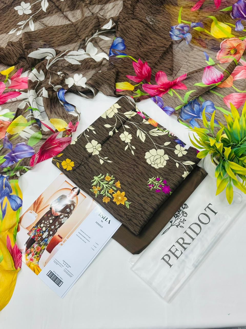 Isha by Peridot Premium Viscose 3-piece unstitched suit with printed viscose shirt, dyed trouser, and matching dupatta for winter season.