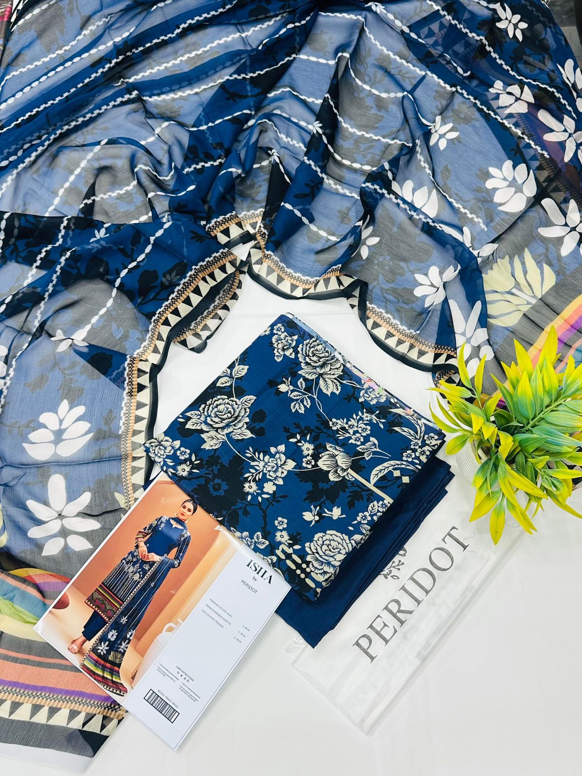 Isha by Peridot Premium Viscose 3-piece unstitched suit with printed viscose shirt, dyed trouser, and matching dupatta for winter season.