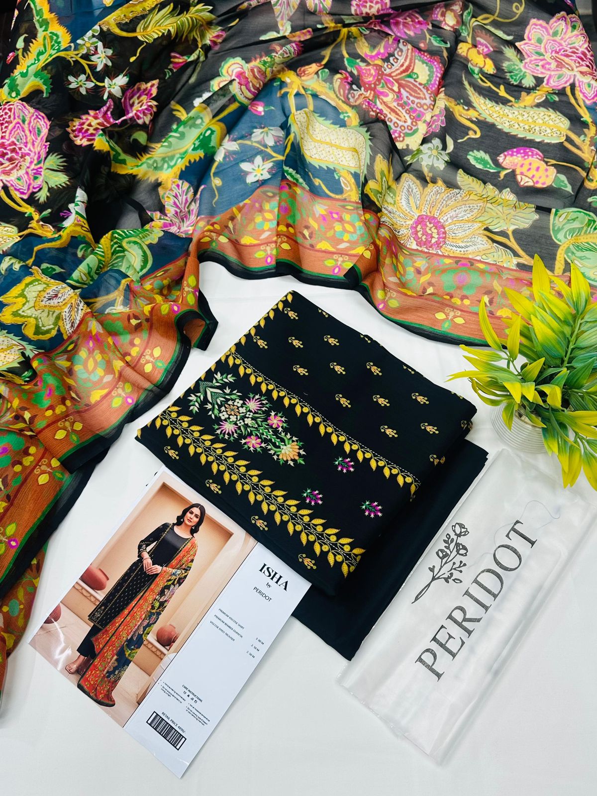 Isha by Peridot Premium Viscose 3-piece unstitched suit with printed viscose shirt, dyed trouser, and matching dupatta for winter season.