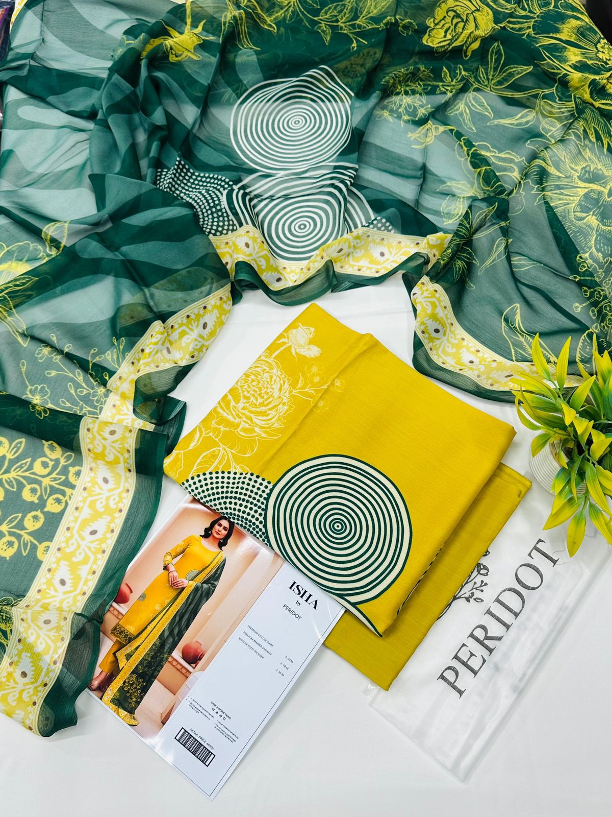 Isha by Peridot Premium Viscose 3-piece unstitched suit with printed viscose shirt, dyed trouser, and matching dupatta for winter season.