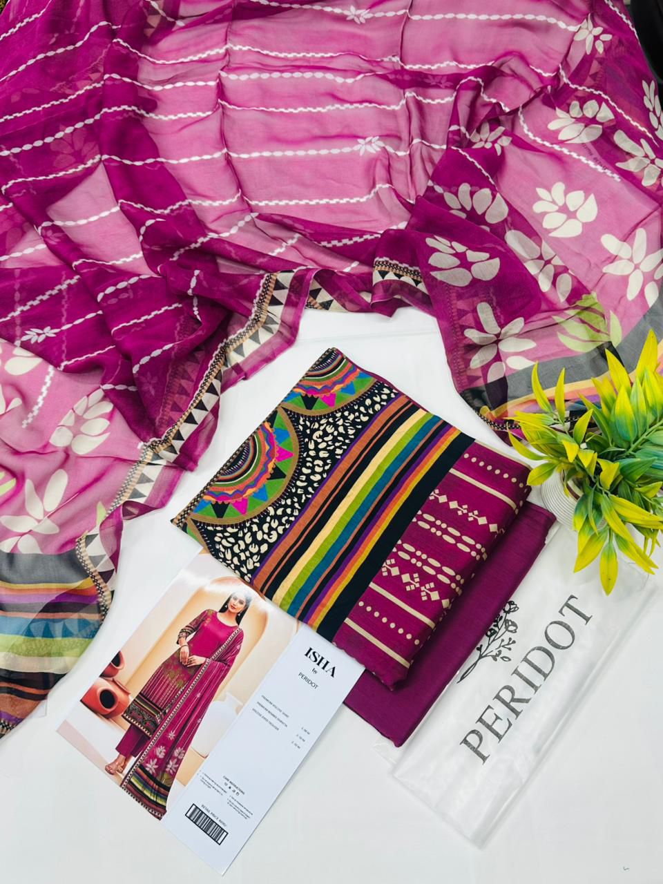 Isha by Peridot Premium Viscose 3-piece unstitched suit with printed viscose shirt, dyed trouser, and matching dupatta for winter season.