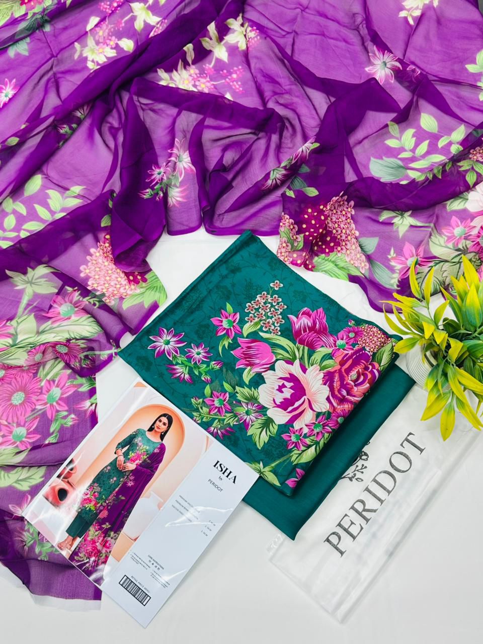 Isha by Peridot Premium Viscose 3-piece unstitched suit with printed viscose shirt, dyed trouser, and matching dupatta for winter season.