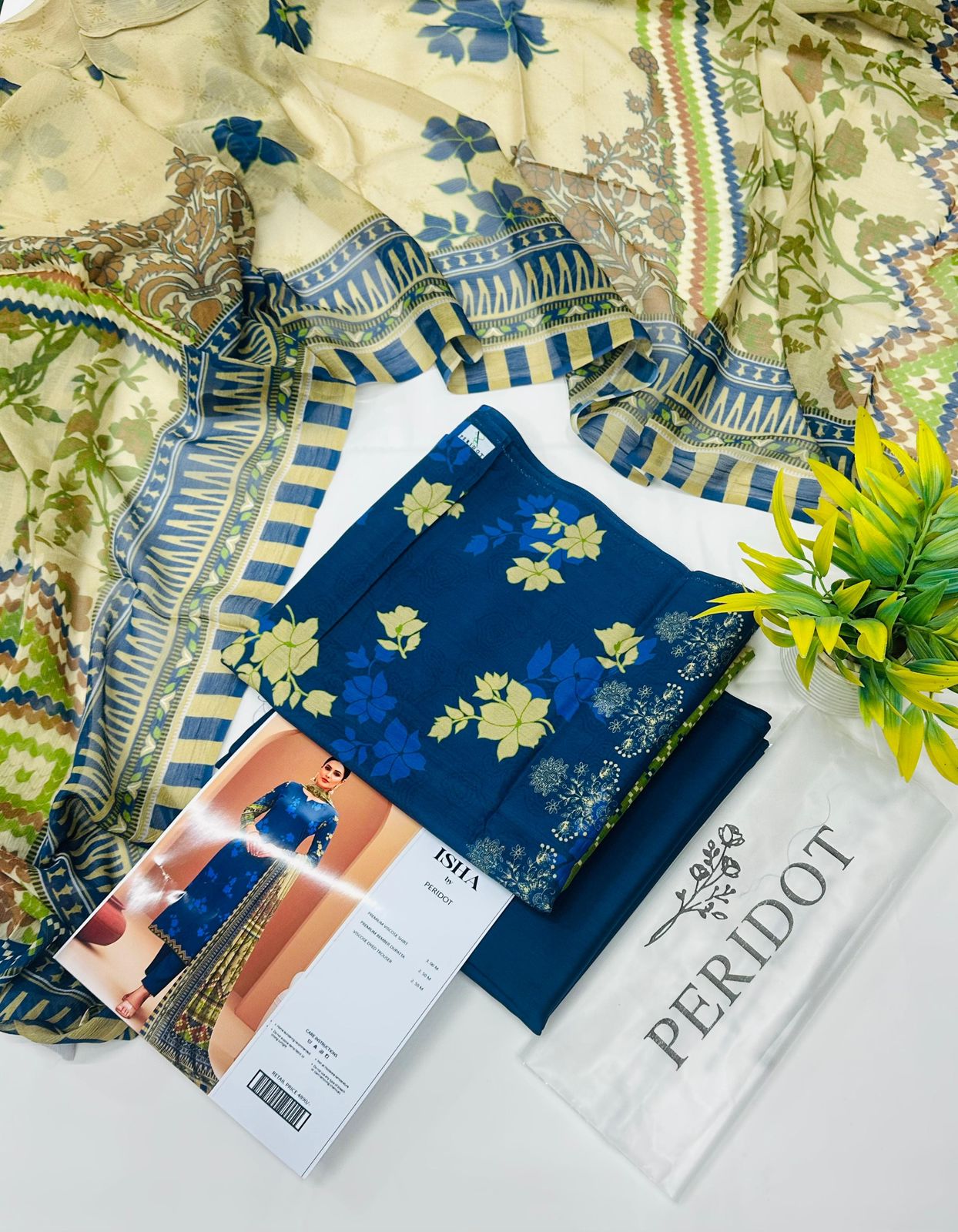 Isha by Peridot Premium Viscose 3-piece unstitched suit with printed viscose shirt, dyed trouser, and matching dupatta for winter season.