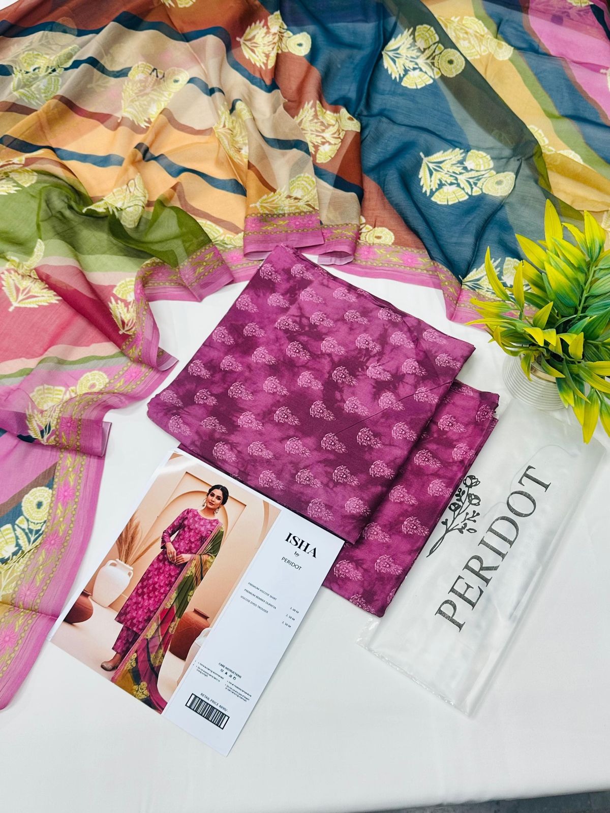 Isha by Peridot Premium Viscose 3-piece unstitched suit with printed viscose shirt, dyed trouser, and matching dupatta for winter season.