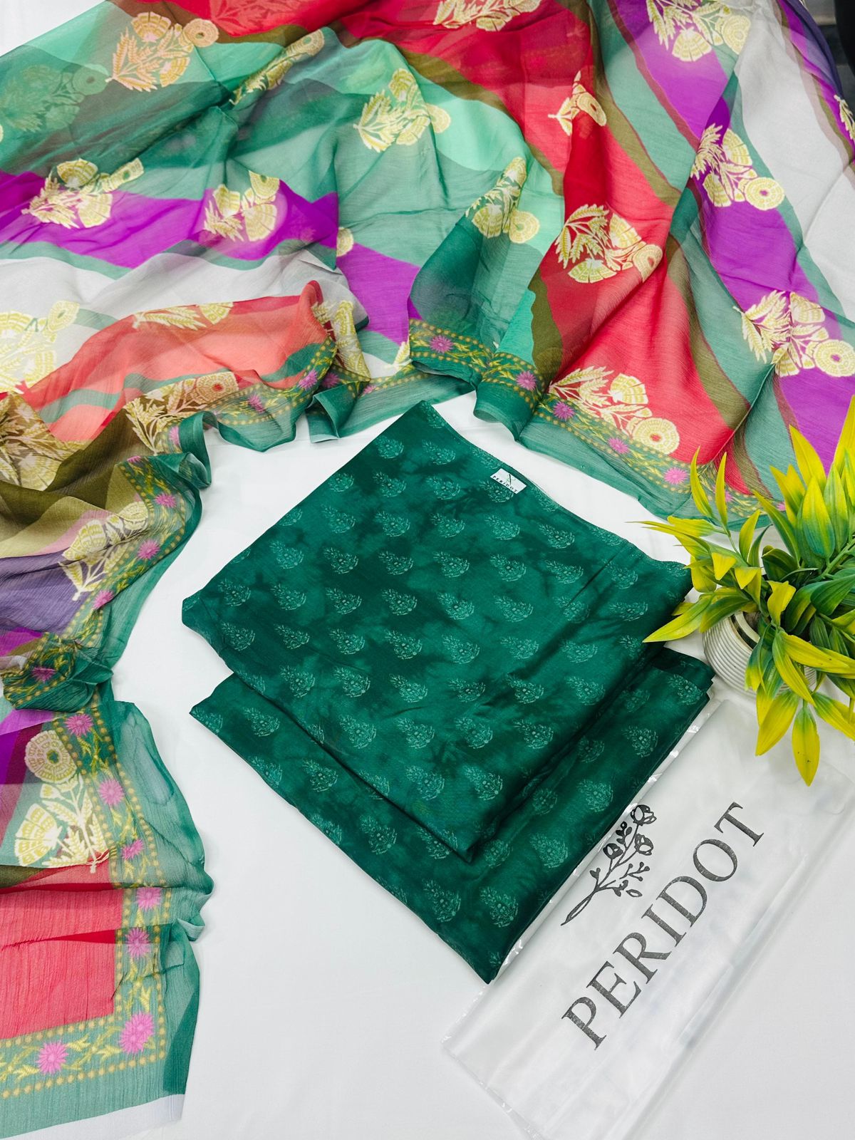 Isha by Peridot Premium Viscose 3-piece unstitched suit with printed viscose shirt, dyed trouser, and matching dupatta for winter season.