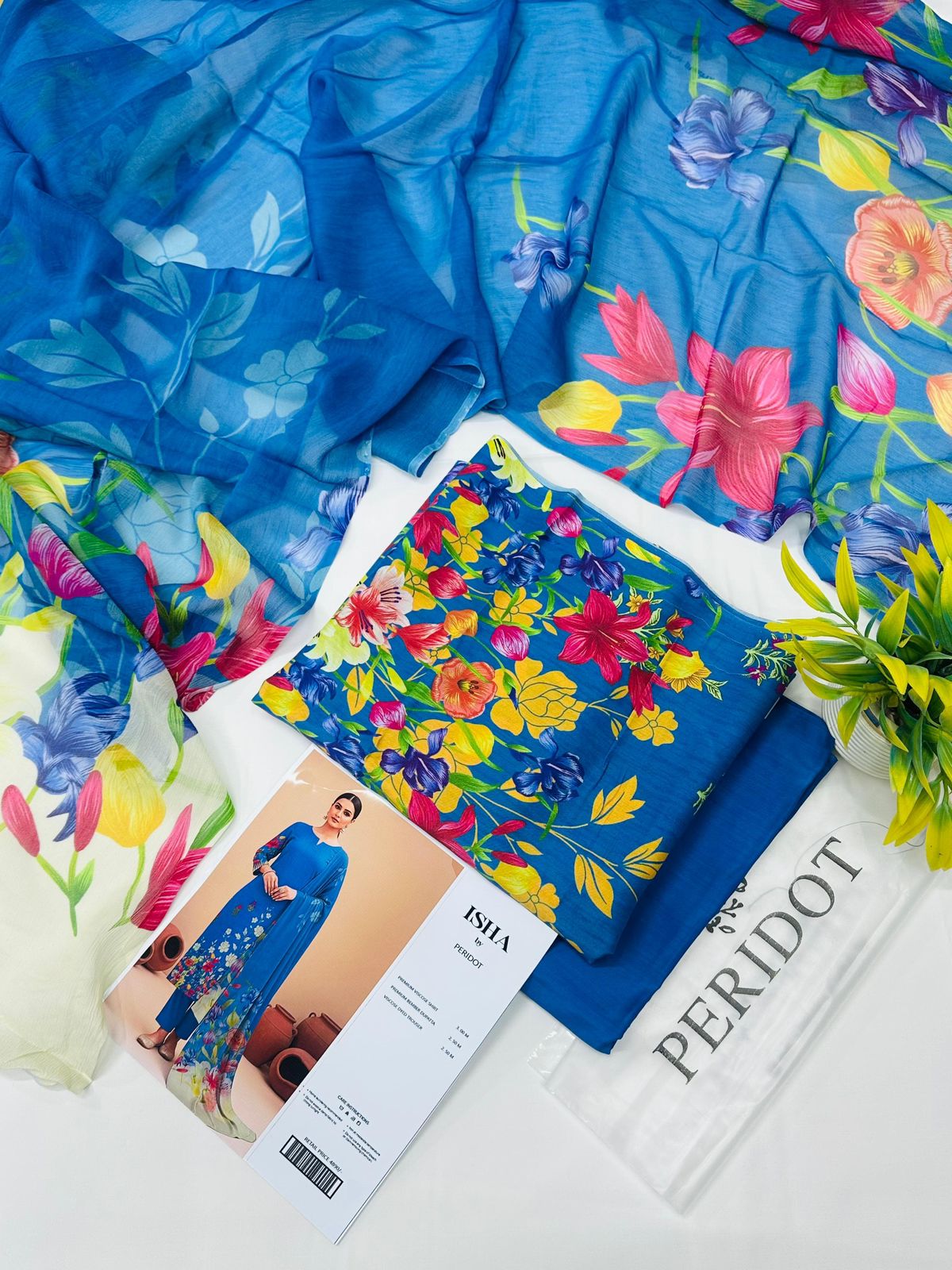 Isha by Peridot Premium Viscose 3-piece unstitched suit with printed viscose shirt, dyed trouser, and matching dupatta for winter season.