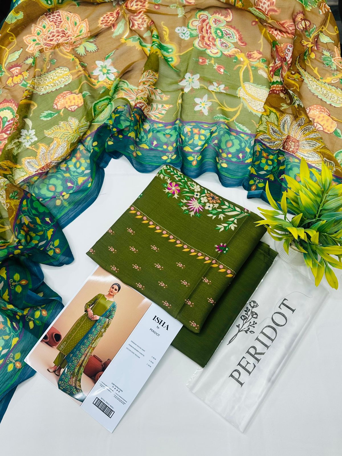 Isha by Peridot Premium Viscose 3-piece unstitched suit with printed viscose shirt, dyed trouser, and matching dupatta for winter season.