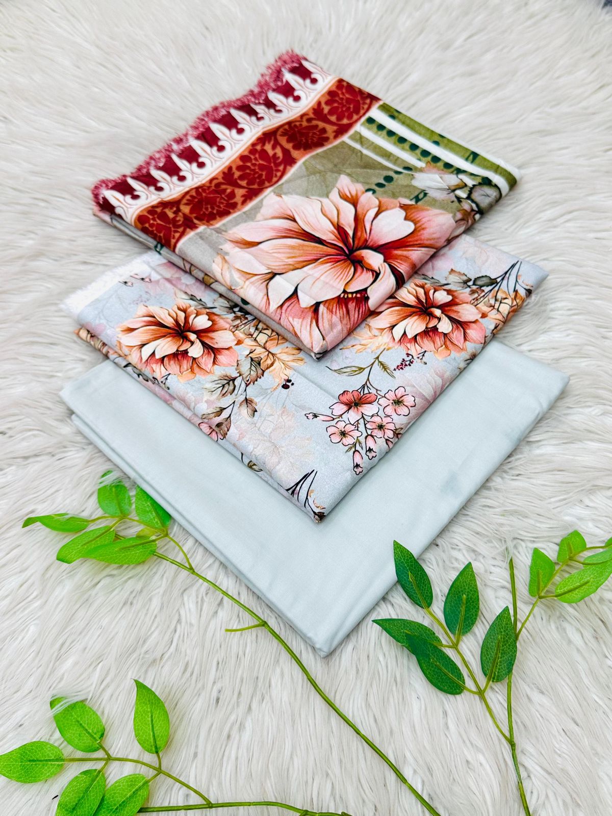 Bin Riaz Linen 3-piece unstitched suit with printed linen shirt, plain trouser, and matching dupatta for winter collection.