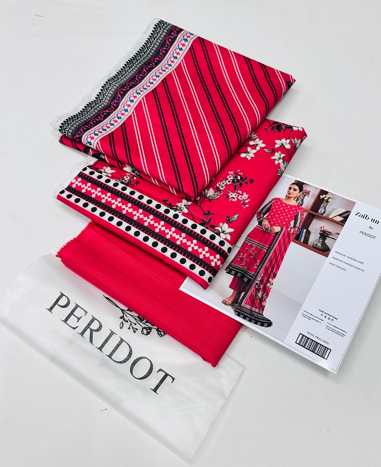 Zaib-un-Nisa by Peridot Khaddar 3-piece unstitched suit with printed khaddar shirt, dyed trouser, and matching dupatta for winter season.