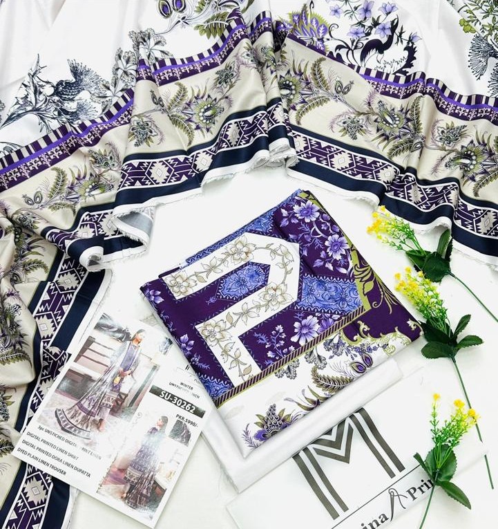 M-Print’s Linen 3-piece unstitched winter suit with printed shirt, dyed trouser, and matching dupatta.