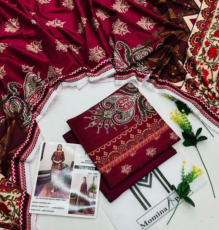 M-Print’s Linen 3-piece unstitched winter suit with printed shirt, dyed trouser, and matching dupatta.