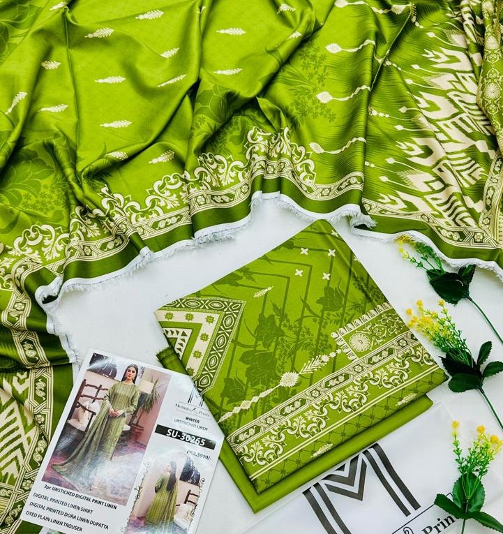 M-Print’s Linen 3-piece unstitched winter suit with printed shirt, dyed trouser, and matching dupatta.
