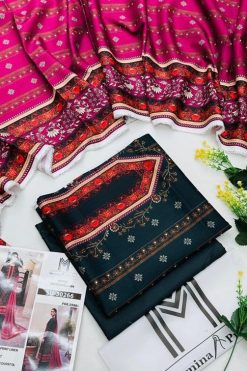 M-Print’s Linen 3-piece unstitched winter suit with printed shirt, dyed trouser, and matching dupatta.