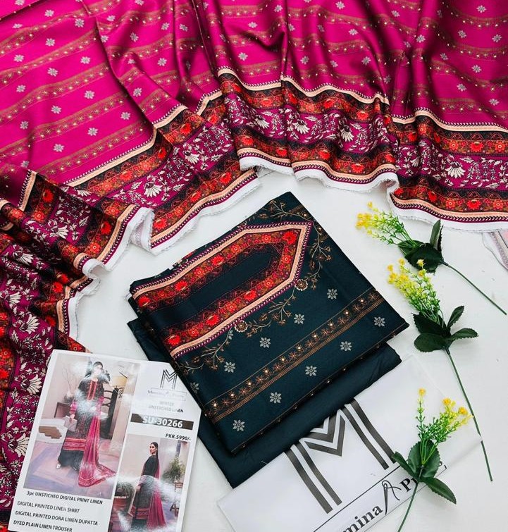 M-Print’s Linen 3-piece unstitched winter suit with printed shirt, dyed trouser, and matching dupatta.