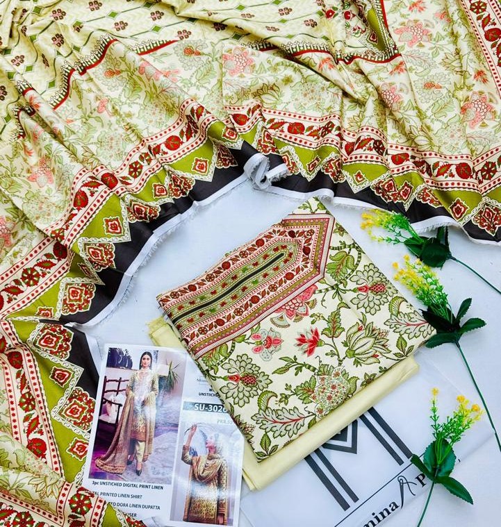 M-Print’s Linen 3-piece unstitched winter suit with printed shirt, dyed trouser, and matching dupatta.