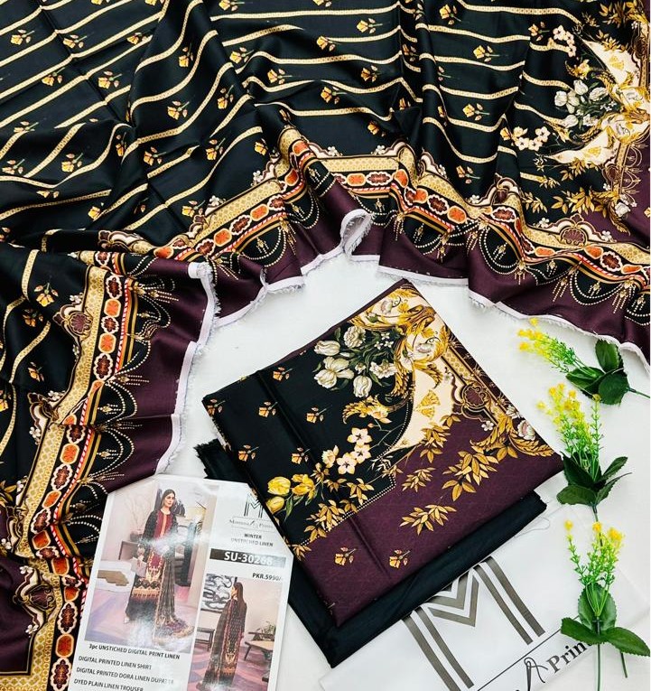 M-Print’s Linen 3-piece unstitched winter suit with printed shirt, dyed trouser, and matching dupatta.