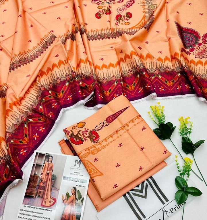 M-Print’s Linen 3-piece unstitched winter suit with printed shirt, dyed trouser, and matching dupatta.