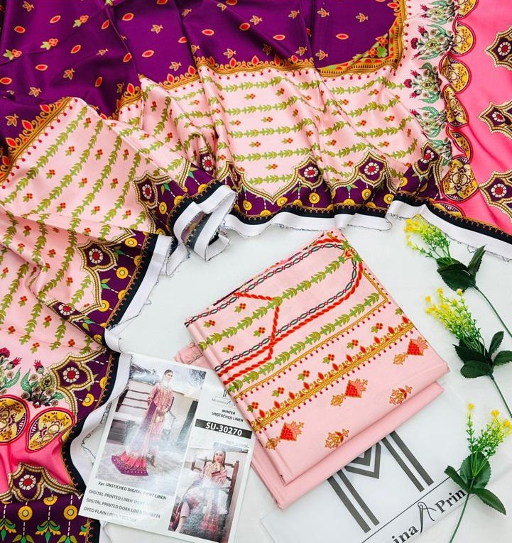 M-Print’s Linen 3-piece unstitched winter suit with printed shirt, dyed trouser, and matching dupatta.