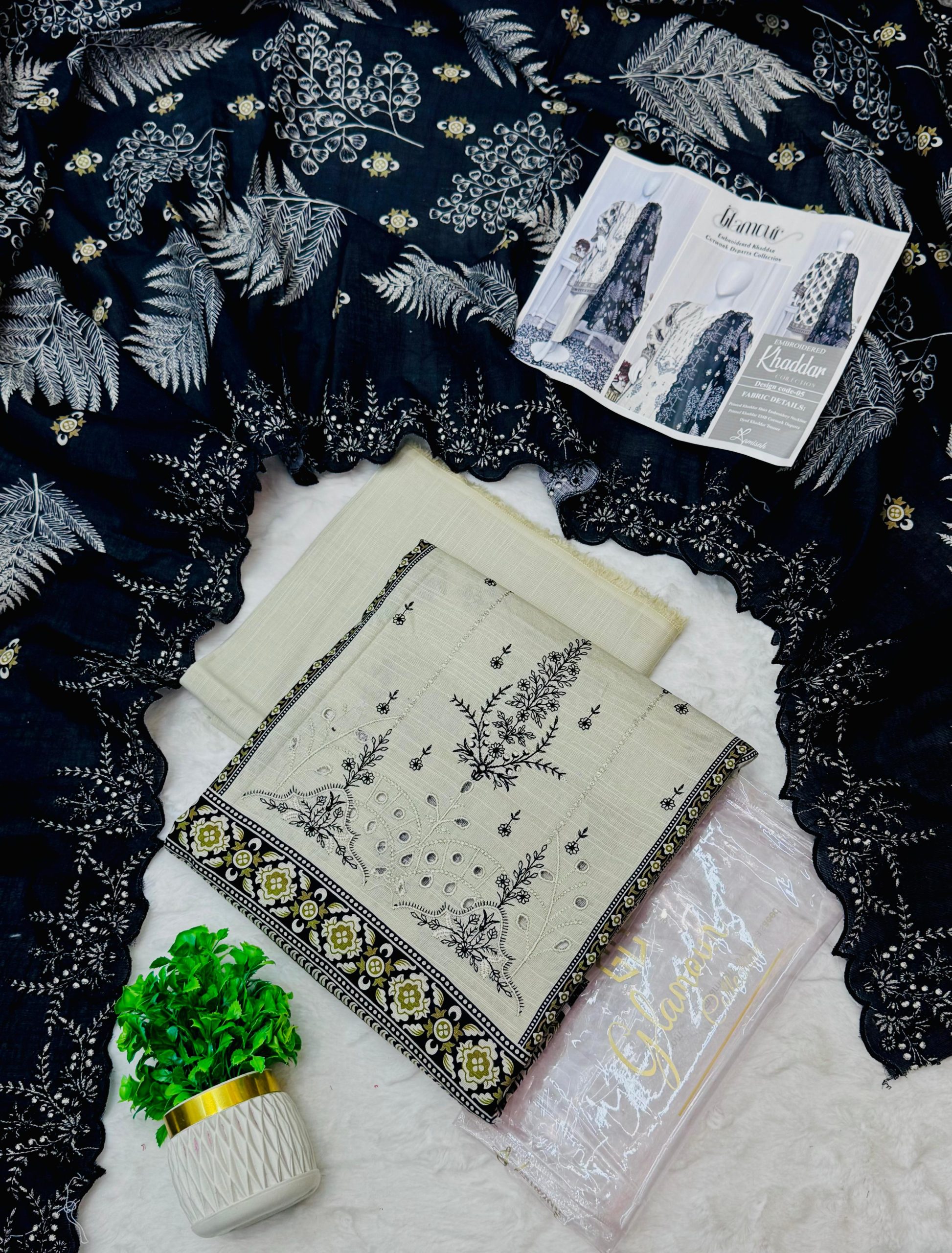 Glamour 3 Piece Embroidered Cutwork Khaddar Suit Price Card