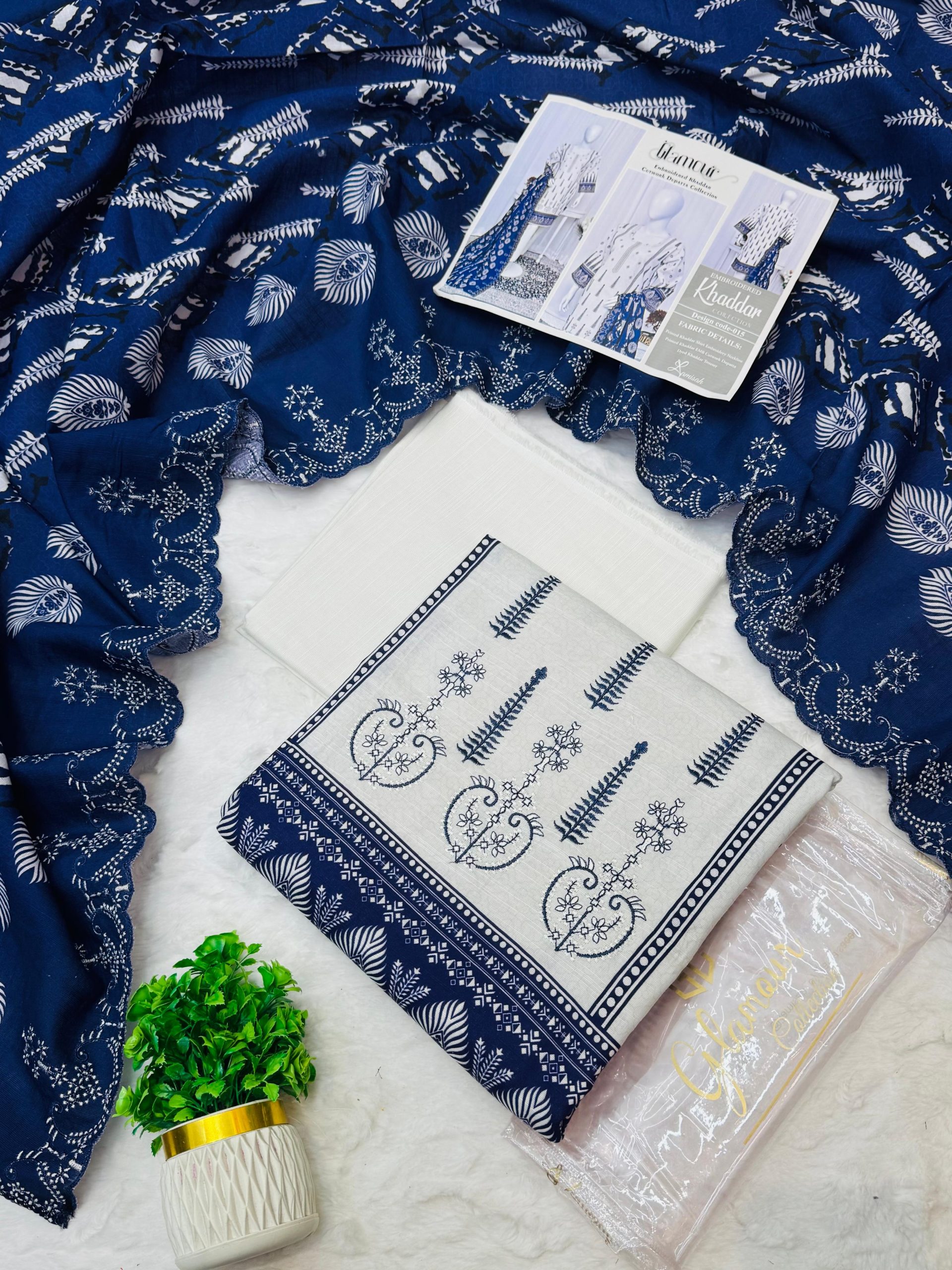 Glamour 3 Piece Embroidered Cutwork Khaddar Suit Price Card