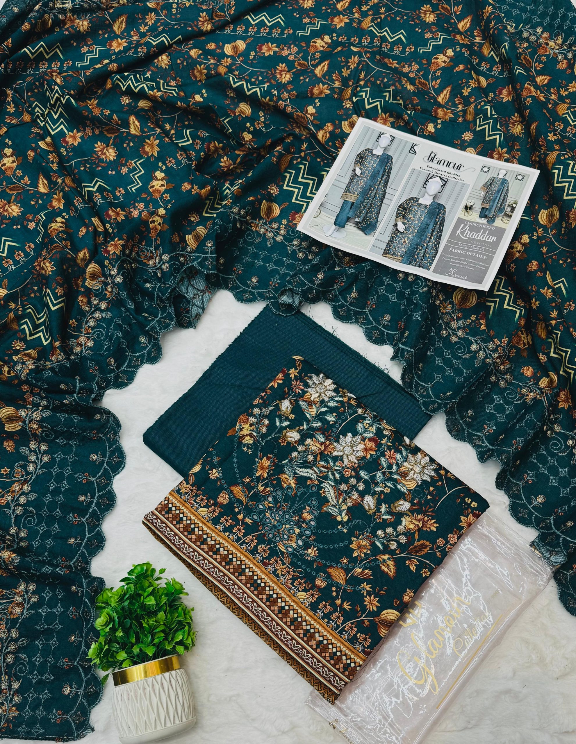 Glamour 3 Piece Embroidered Cutwork Khaddar Suit Price Card