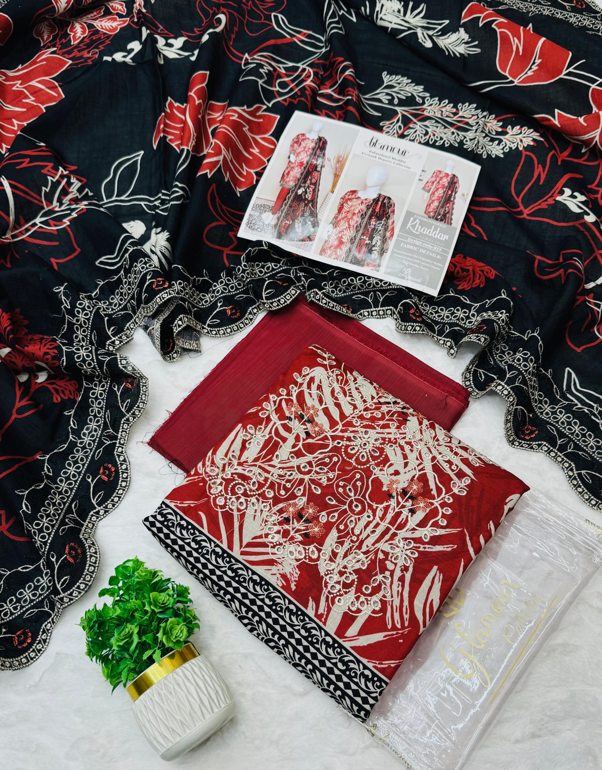 Glamour 3 Piece Embroidered Cutwork Khaddar Suit Price Card