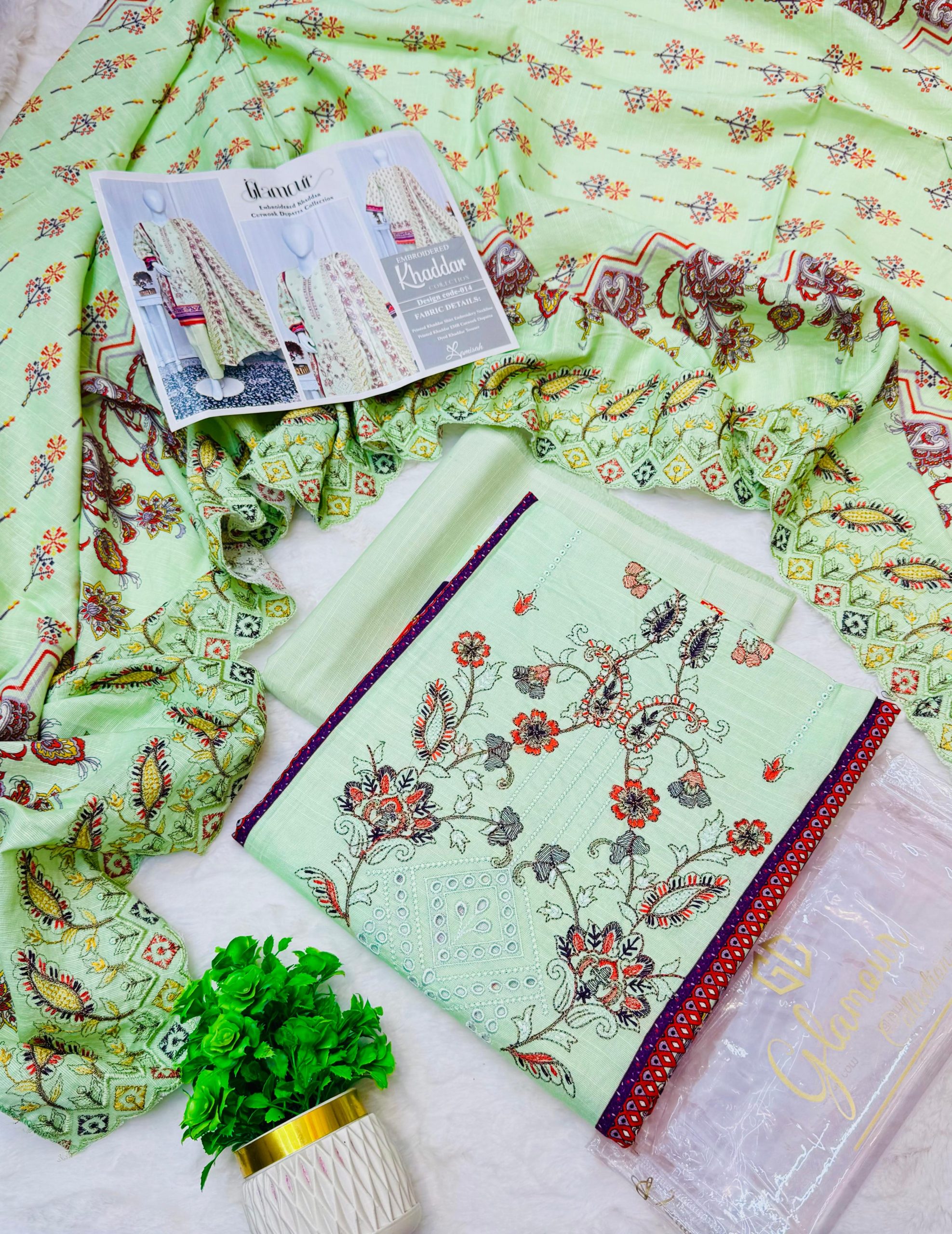 Glamour 3 Piece Embroidered Cutwork Khaddar Suit Price Card