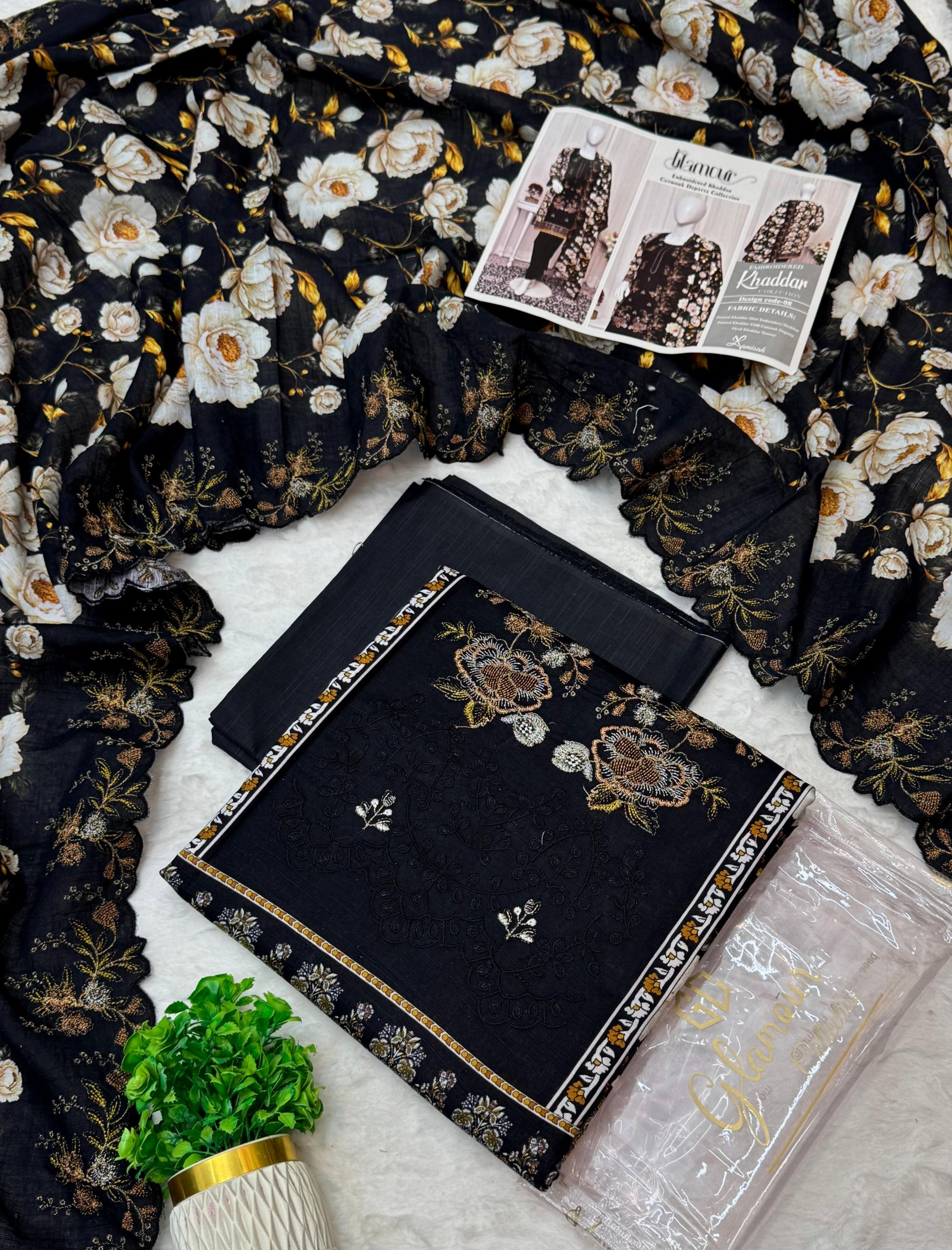 Glamour 3 Piece Embroidered Cutwork Khaddar Suit Price Card