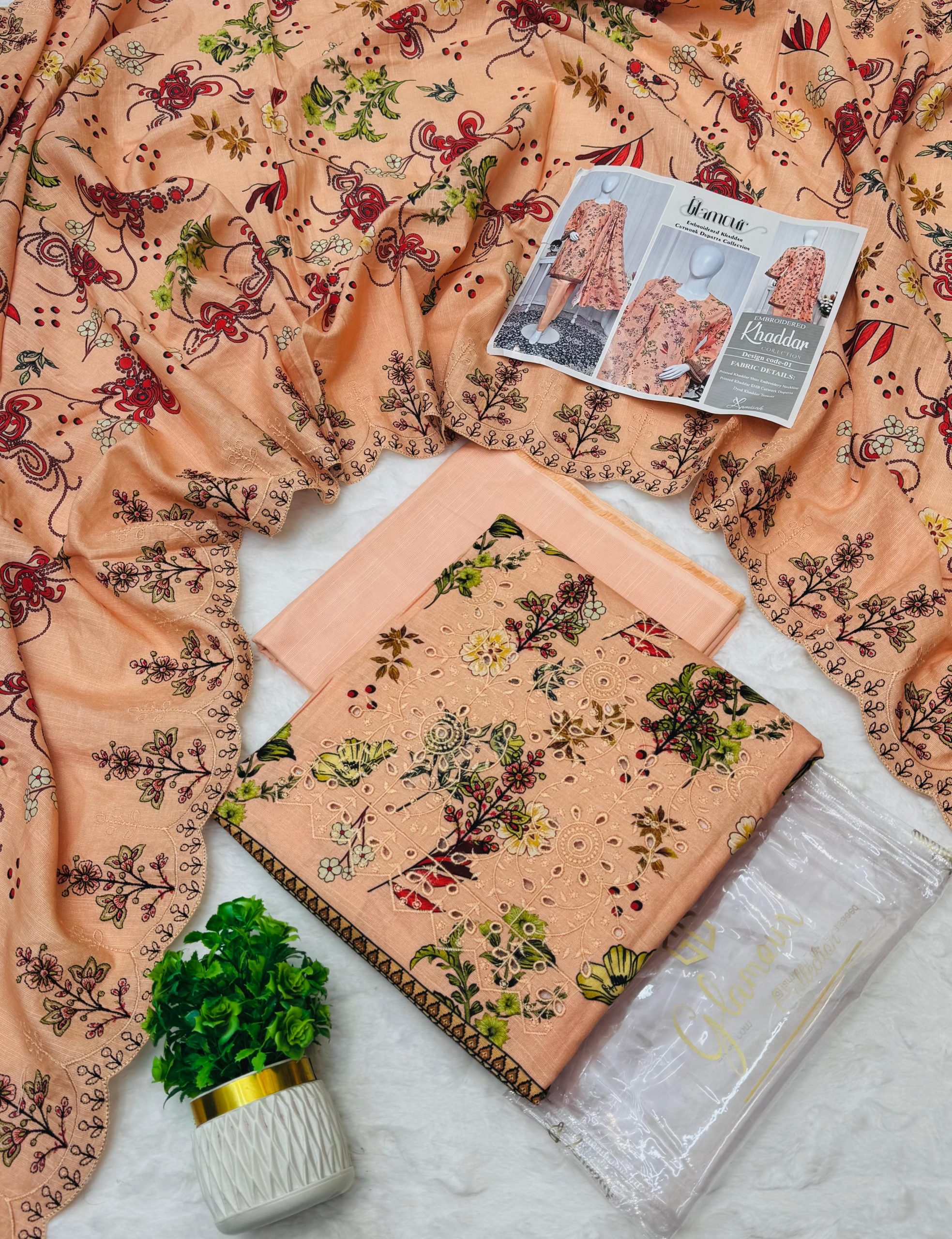 Glamour 3 Piece Embroidered Cutwork Khaddar Suit Price Card