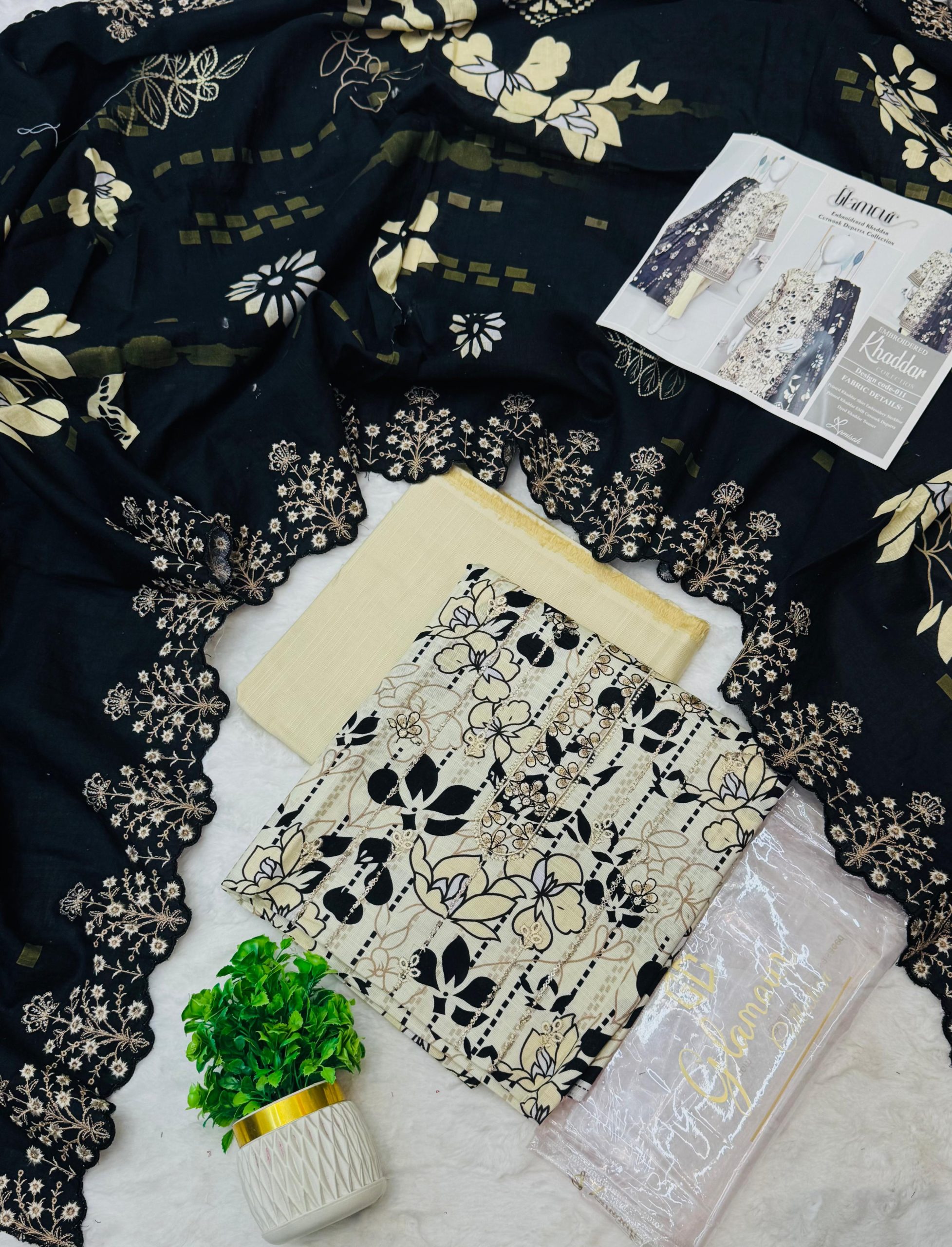 Glamour 3 Piece Embroidered Cutwork Khaddar Suit Price Card