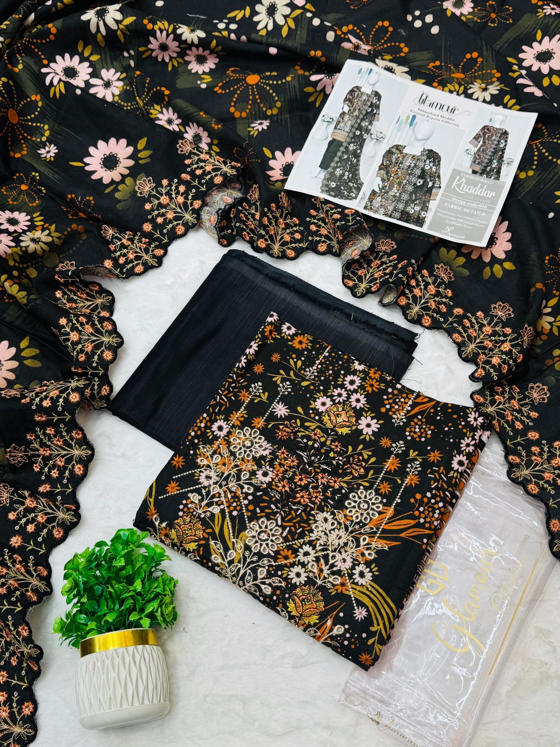 Glamour 3 Piece Embroidered Cutwork Khaddar Suit Price Card