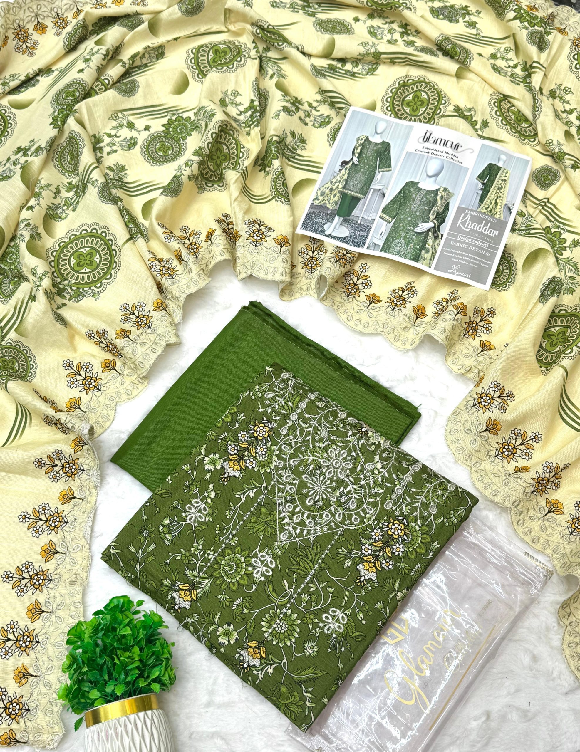 Glamour 3 Piece Embroidered Cutwork Khaddar Suit Price Card