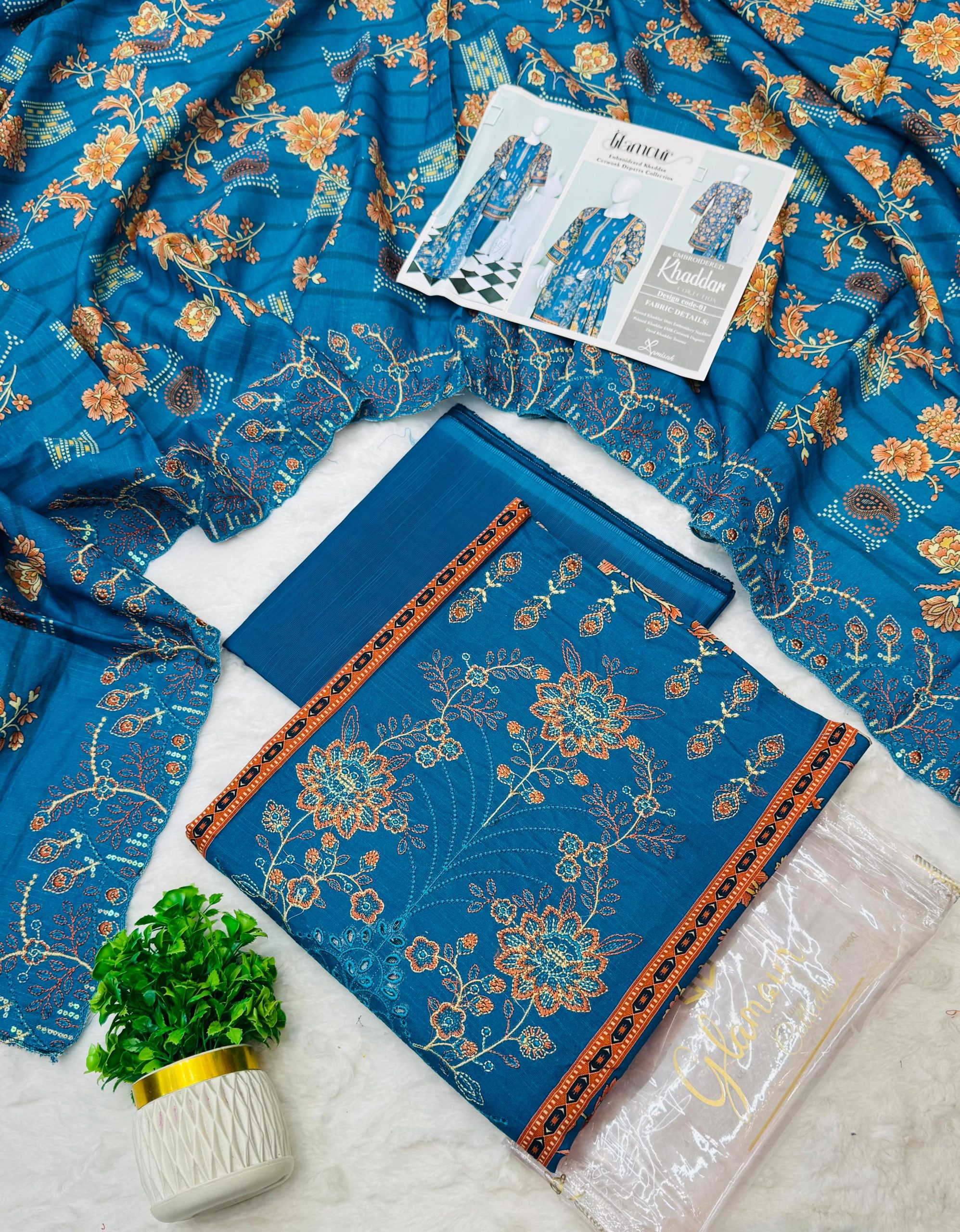 Glamour 3 Piece Embroidered Cutwork Khaddar Suit Price Card