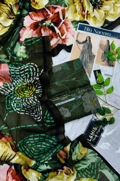 Bin Naeem Orchard Lawn 3-piece unstitched suit with printed lawn shirt, dyed trouser, and matching printed dupatta.