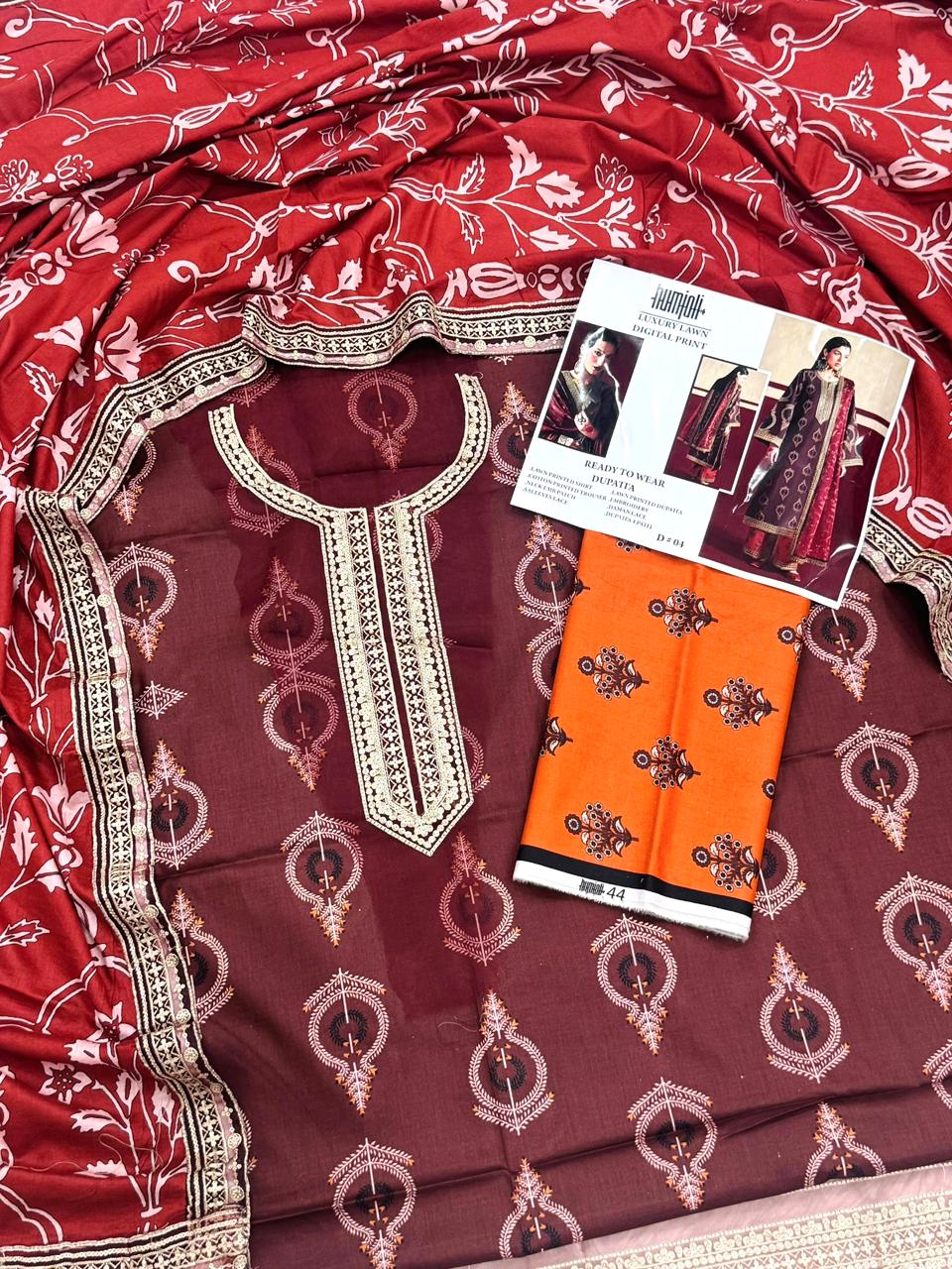 HUMJOLI Embroidery Unstitched 3PC Summer Lawn Wholesale Suit